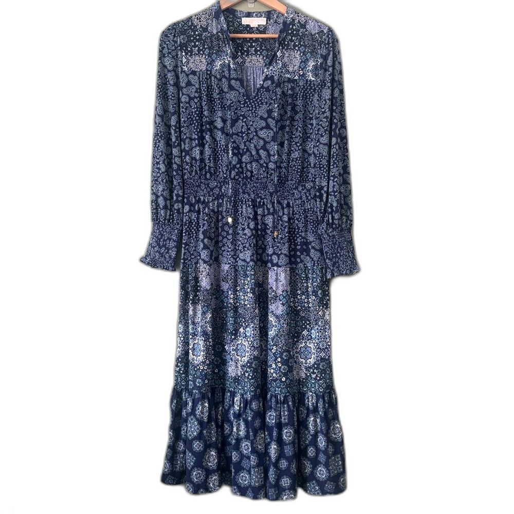 Michael Kors Multi-Print Bohemian Peasant Dress True Navy/Sea Green Sz M - Picture 2 of 8